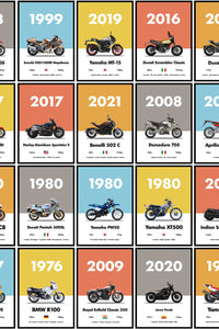 Collage of colorful set of bike posters with specific details designed in a collectible style