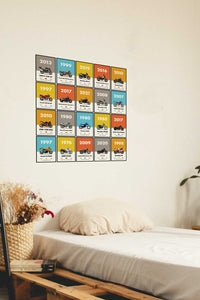 Colorful bike posters collage over a white bed in a room