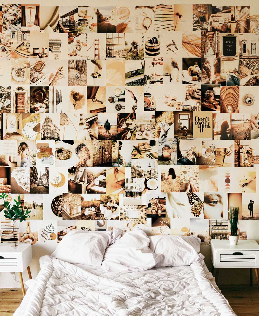 Beige aesthetic posters collage on a wall behind a floor bed