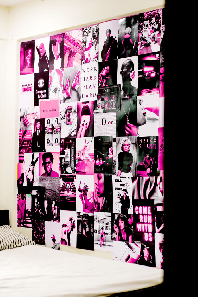 Pink collage kit posters in bedromm wall