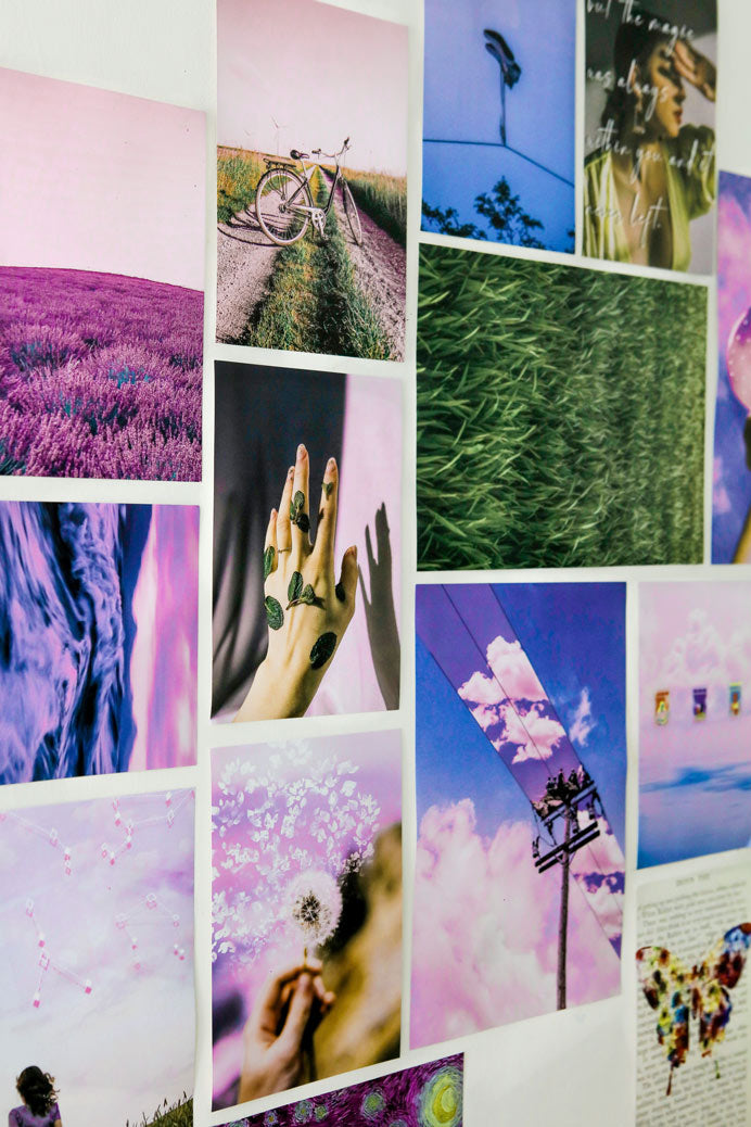 aesthetic lavender set of posters on a wall