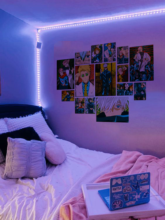 Jujutsu Kaisen (JJK) Anime Posters Collage on bedroom wall with purple led strip lights