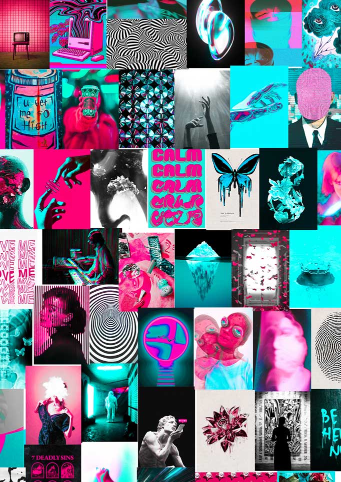 Trippy pink and teal posters collage kit