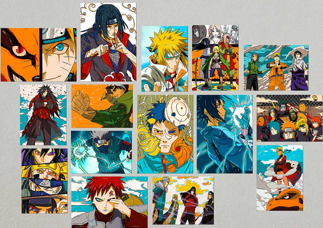 Naruto Shippuden anime collage posters set on a wall
