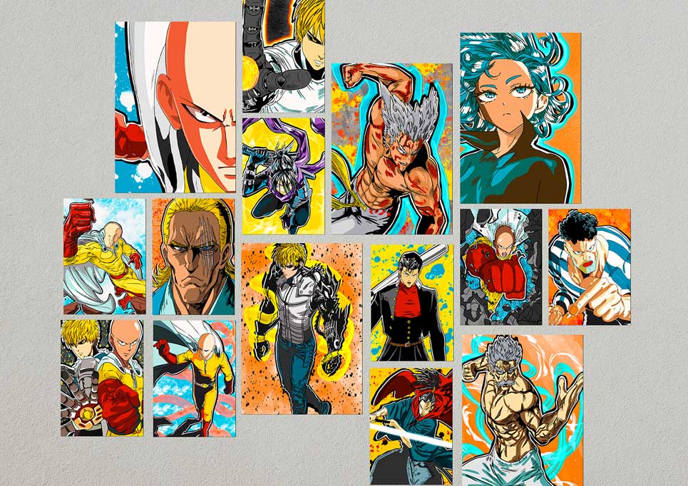 One Punch Man anime posters collage kit set on a wall