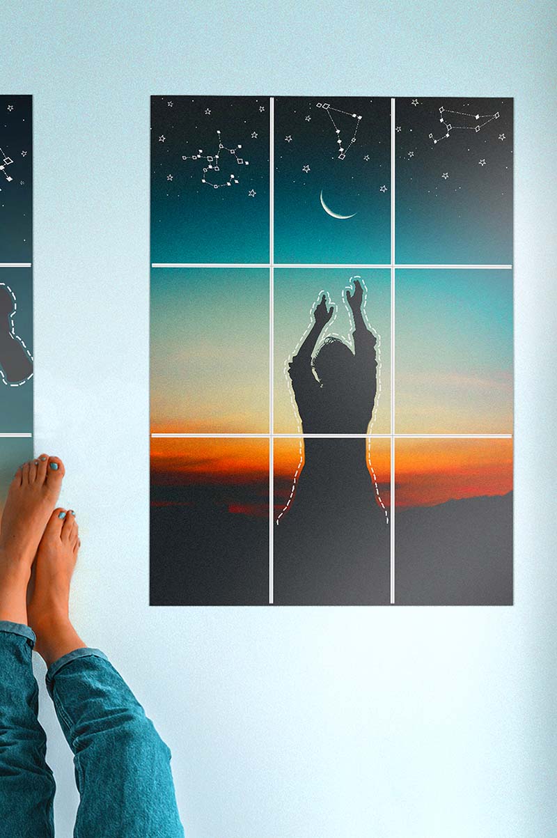 Big block kit poster of a girl at sunset on a light blue wall