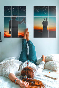 Girl lying on her bed while resting her legs on the wall with two big block kit posters on it