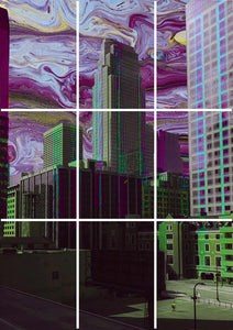 Block kit 9 A4 posters of a a city with purple skies