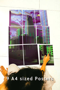 girl sitting with block kit 9 A4 set posters of a city on the floor