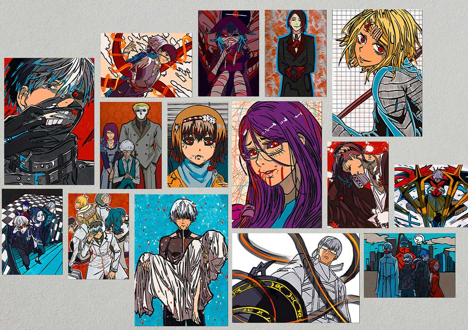 Tokyo Ghoul anime posters collage kit on a wall