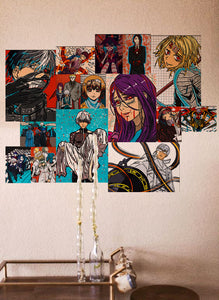 Tokyo Ghoul anime posters collage on a wall