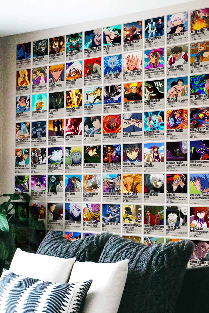 anime polaroid posters on a big wall behind a bed with throw pillows and cushions