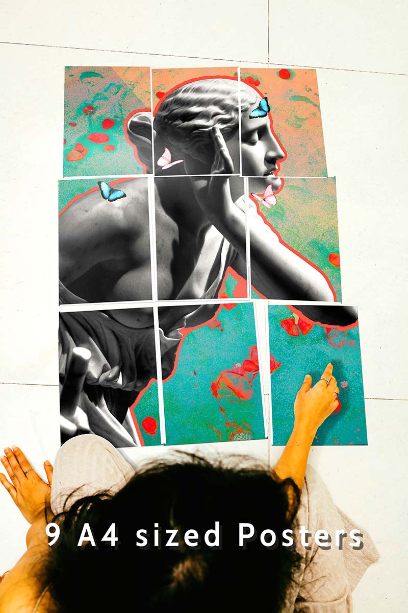 girl sitting with block kit 9 set posters on the floor