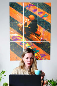 women drinking coffee in front of 9 set block kit posters